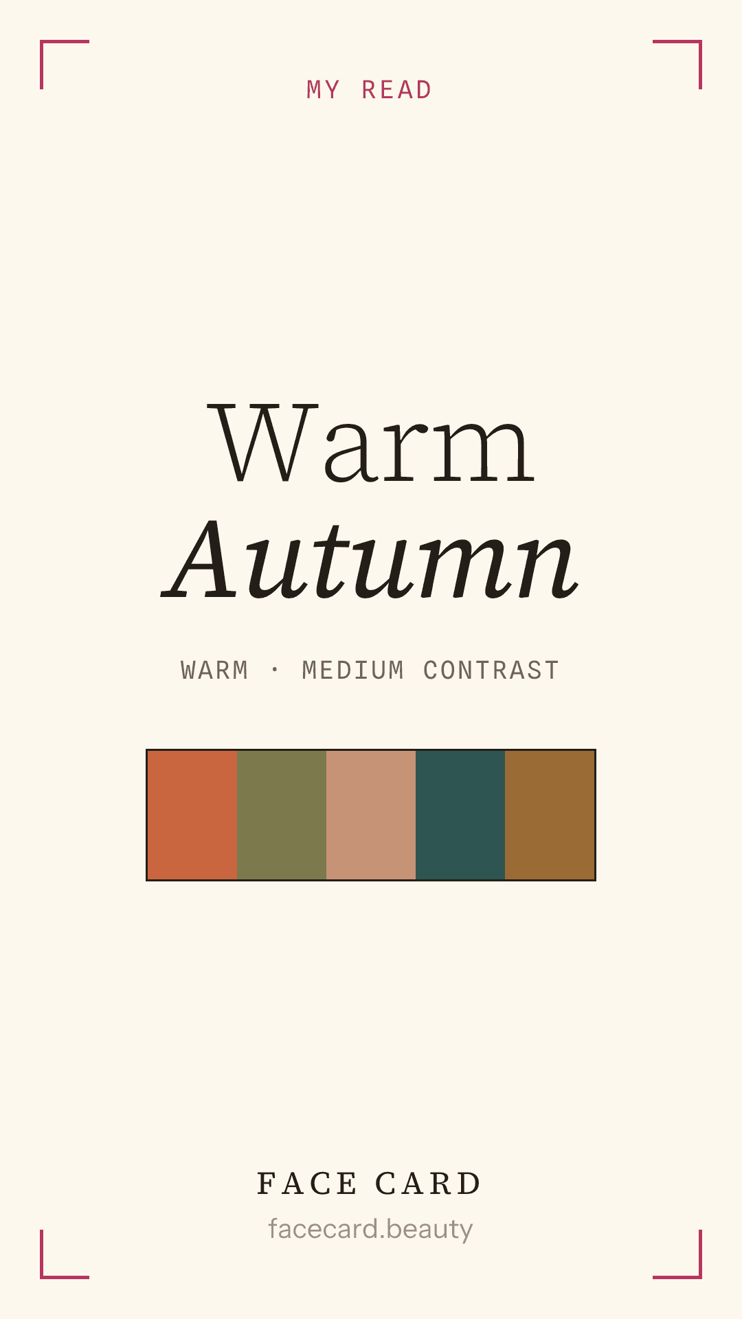 Example Face Card share card — Warm Autumn with a five-swatch palette strip