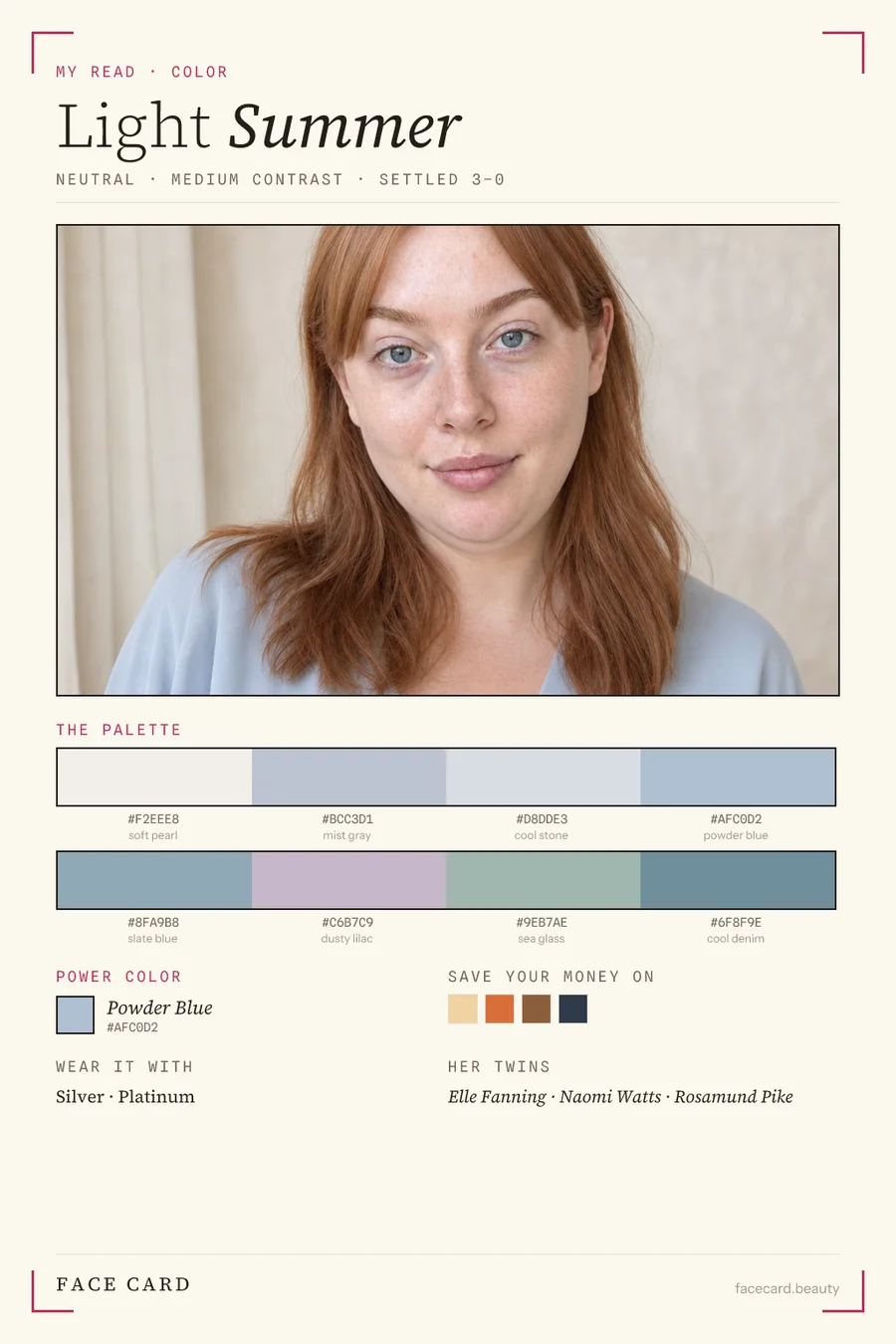 Light Summer color board — palette, power color, metals and celebrity twins, generated by the pipeline for a synthetic model